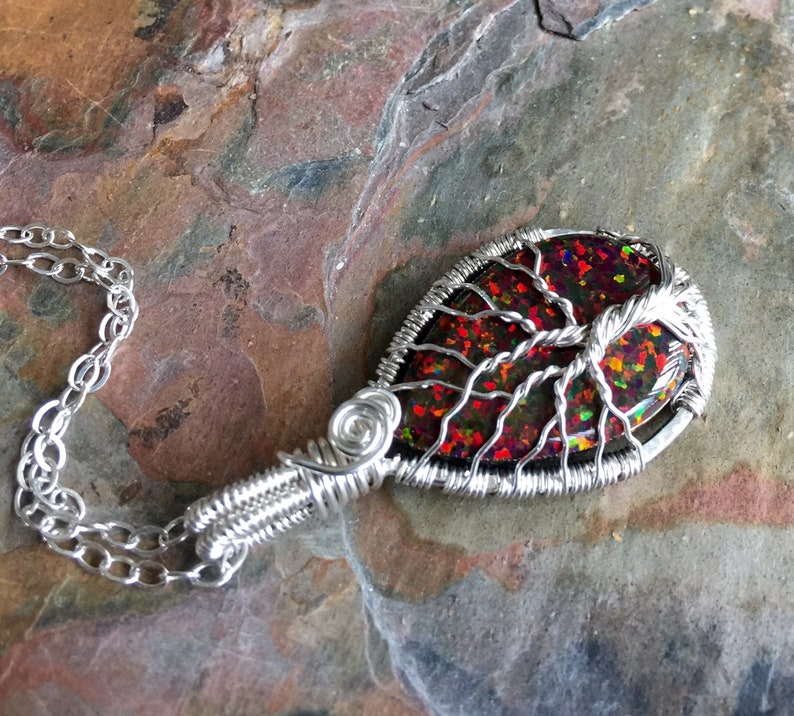 Red Opal Necklace,Opal Silver Pendant October Birthstone,Opal Tree of Life Necklace in Fine Silver Opal Gift for her,Opal Opal Necklace