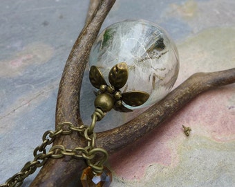 Dandelion Necklace, Real Dandelion Seed Flower Bronze Pearl Brass Necklace ONLY - Wish Jewelry, Glass Jewelry,Make a Wish