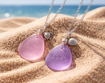 Engraved Sea Glass Necklace, Health Love Pendant, Silver Chain, Beach Jewelry