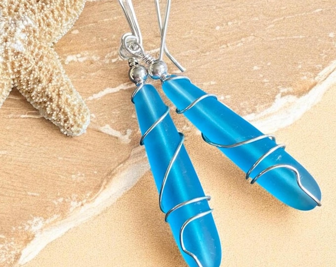 Pacific Blue Dangle Earring, Wire Wrap Blue Sea Glass in Sterling Silver, Sea Glass Beach Jewelry Summer Accessory, Ocean Theme Coastal Gift