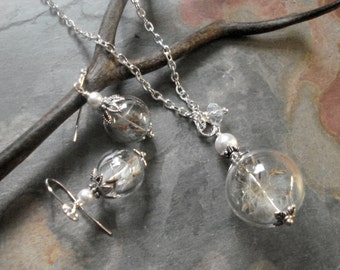 Dandelion Necklce, Dandelion Crystal Pearl Silver Necklace,Dandelion Earrings, a Wish Dandelion jewelry,Globe Jewelry, Bridesmaid Necklace