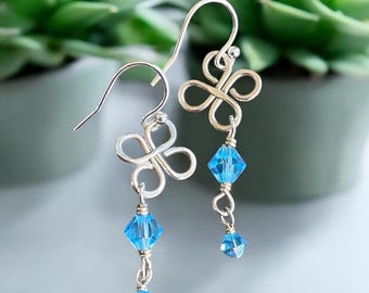 Sterling Silver Clover Earrings,  Four Leaf Clover Dangling Earrings, Bridesmaid Crystal/Pearl Earrings, Lucky Clover Jewelry, Wired Clover