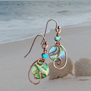 Wire Wrapped Abalone Earrings: Antiqued Copper, Turquoise Accent