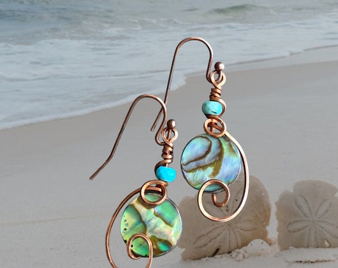 Abalone Earrings, Wire Wrapped Abalone Earrings in Antiqued Copper Wire, Abalone Paua Shell Earring, Abalone Shell Jewelry,