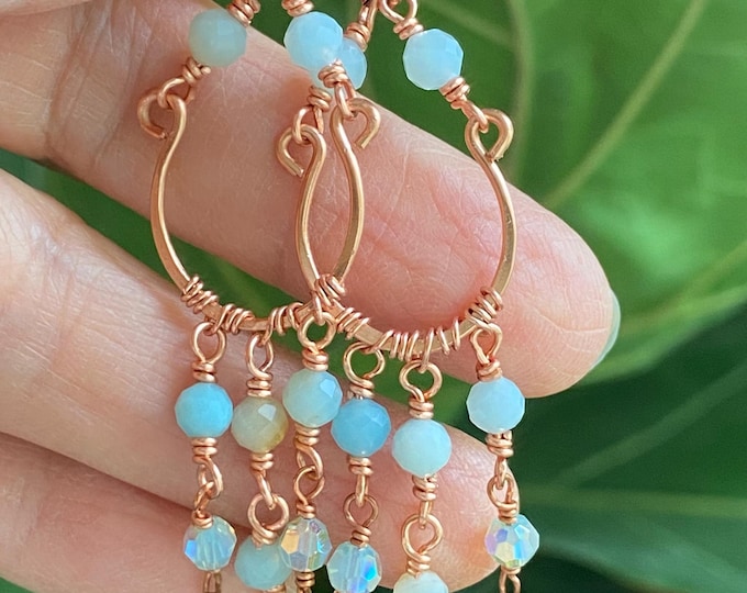 Copper Chandelier Earrings: Amazonite, Swarovski Crystal, Boho Dangle earrings,