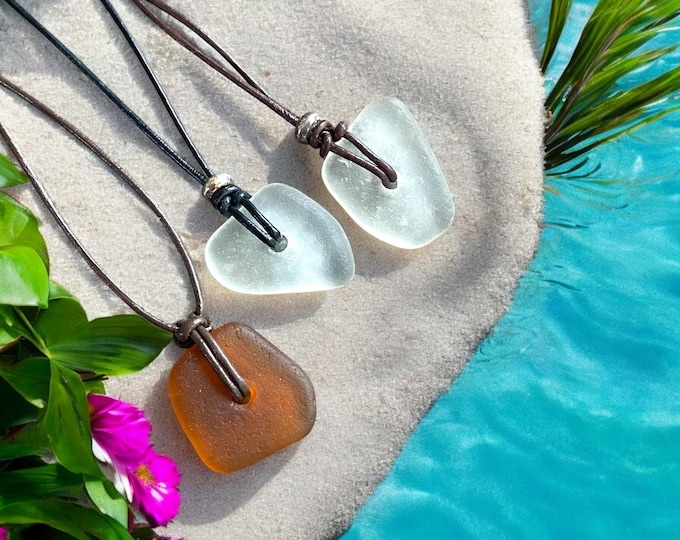 Sea Glass Pendant in Leather & Sterling Silver Beads, Surfer Gifts for Men, Beach Lovers Necklace, Beach Glass Necklace,