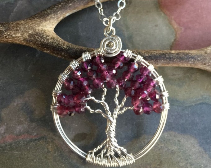 Sterling Silver Garnet Necklace,Garnet Tree of Life, Wire Wrapped Garnet Tree of Life Pendant Necklaace, January Birthstone Necklace for Her