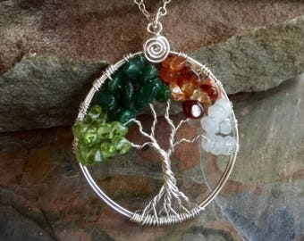 Four Seasons Tree, Tree of life Necklace four Seasons in Sterling Silver, Peridot, Dark Jade, Citrine, Moonstone Tree of Life Necklace,