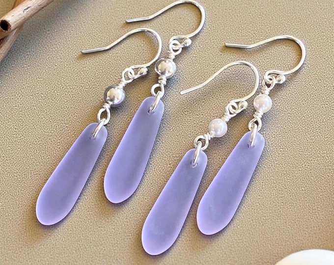 Periwinkle Sea Glass Earrings in Sterling Silver, Long Beach Glass Silver Earrings,Beach Weddings, Coastal Sea Glass Jewelry