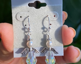 Handmade Sterling Silver Angel Wing Earrings, Pearl & AB Glass Bead Dangle