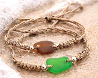 Genuine Sea Glass Macrame Bracelet, Adjustable Beach Jewelry, Surfer Style Accessory
