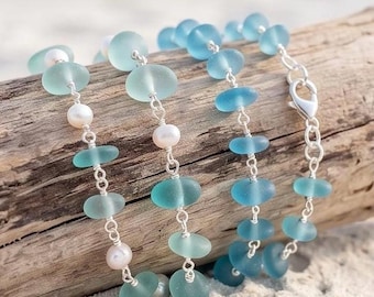 Sea Glass Bracelets in Silver, Aqua Blue Jewelry, Beach Lover’s Gift, Ocean Inspired.
