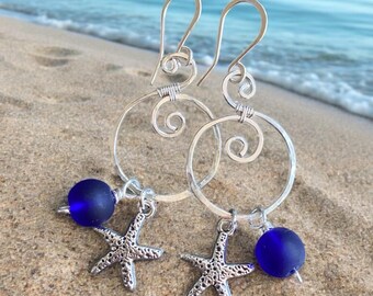 Blue Sea Glass Starfish Silver Charm Dangling Earrings, Spiral Design Sea Glass Nautical Design Earrings, Coastal Ocean Theme Earrings