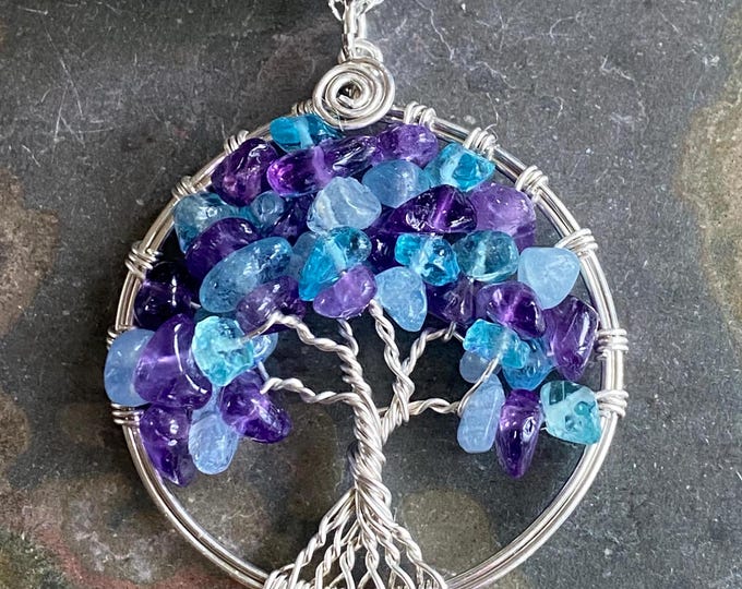 Amethyst and Aquamarine Tree of Life Necklace in Sterling Silver, Hand made  Amethyst Necklace,February and March Birthstone Tree of Life