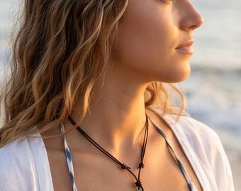 Green Sea Glass leather choker Pendant, Beach Surfer's Necklace, Beach Gift