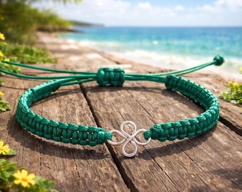 Handmade Silver Four Leaf Clover Macrame Bracelet, Lucky Charm Jewelry
