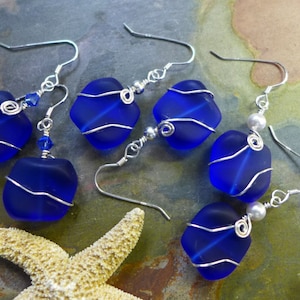 Cobalt Blue Sea Glass Earrings: Sterling Silver Wire Wrapped, Beach Wedding
