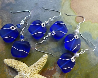 Handmade Cobalt Blue Sea Glass Earrings in Sterling Silver, Wire Wrapped Blue Sea Glass Earrings, Beach Weddings, Cobalt Sea glass Earrings,
