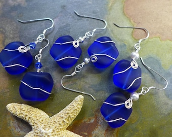 Cobalt Blue Sea Glass Earrings in Sterling Silver, Blue Sea Glass Earrings, Beach Weddings, Blue earrings, Cobalt Sea glass Earrings,