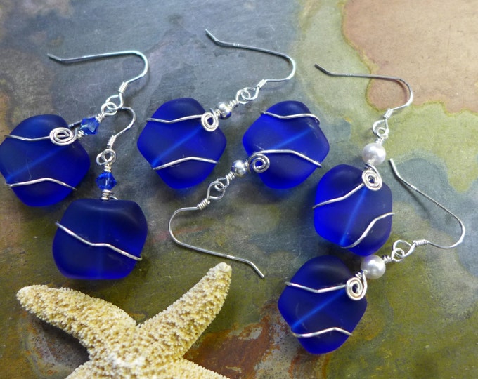 Cobalt Blue Sea Glass Earrings in Sterling Silver, Blue Sea Glass Earrings, Beach Weddings, Blue earrings, Cobalt Sea glass Earrings,