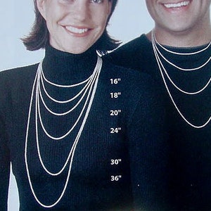May include: A side-by-side comparison of necklace lengths, showing a woman wearing a variety of chain lengths from 16 to 36 inches and a man wearing chain lengths from 18 to 30 inches.