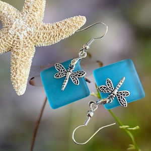 Turquoise Sea Glass Dragonfly Earrings: Surgical Steel Earwires