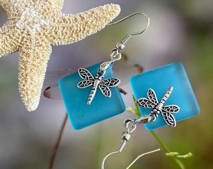 Dragonfly Sea Glass Earrings,Sea Beach Glass Dragonfly Earrings, Turquoise Blue Sea Glass Earrings, Dragonfly Earrings, Fantasy Earrings