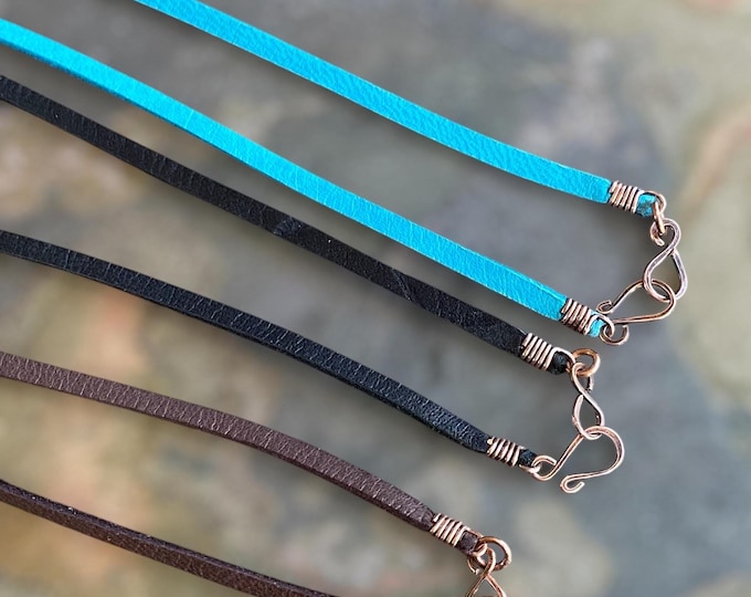 Handmade S Hook Clasp Deerskin Lace Leather, Wire Wrapped Deerskin Lace 3 mm(1/8") Width, Black, Brown, Turquoise Tan Leather, Made in USA,