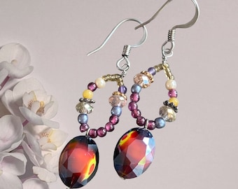 Crystal  Dangling Earrings, Oval Dangling drop earrings, Handmade Gemstone earrings, Red Crystal Earrings, Vintage inspired Earrings