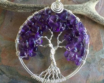 Handmade Amethyst Tree of Life Pendant: Sterling Silver February Birthstone