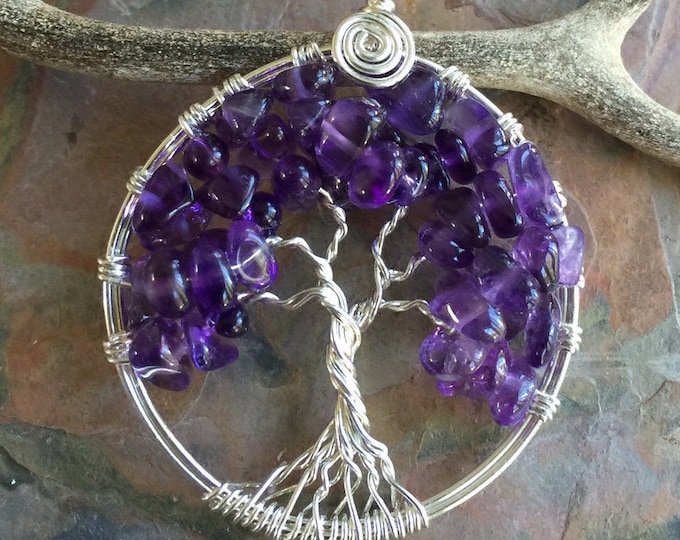 Amethyst Tree of Life Pendant with .925 Sterling Silver Chain-Wire Wrapped February Birthstone Tree of life Pendant Necklace