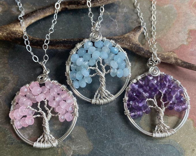 Sterling Silver Tree of Life Necklace, March /FebruaryBirthstone Necklace,Pink Rose Quartz/Aquamarine/Amethyst Tree of Life Necklace