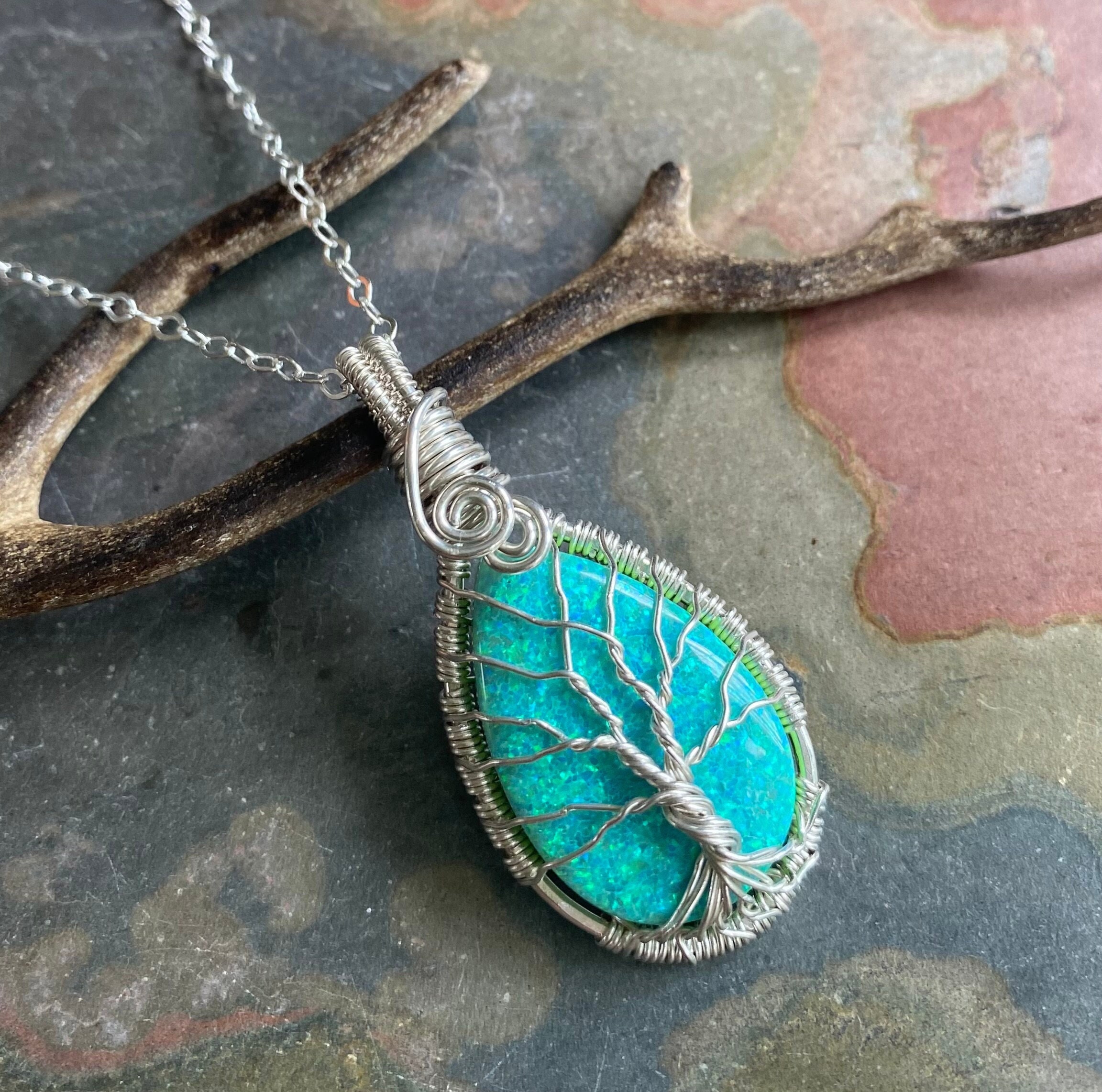 Opal Necklace Blue Opal Necklace Aqua Blue Opal Tree of Life