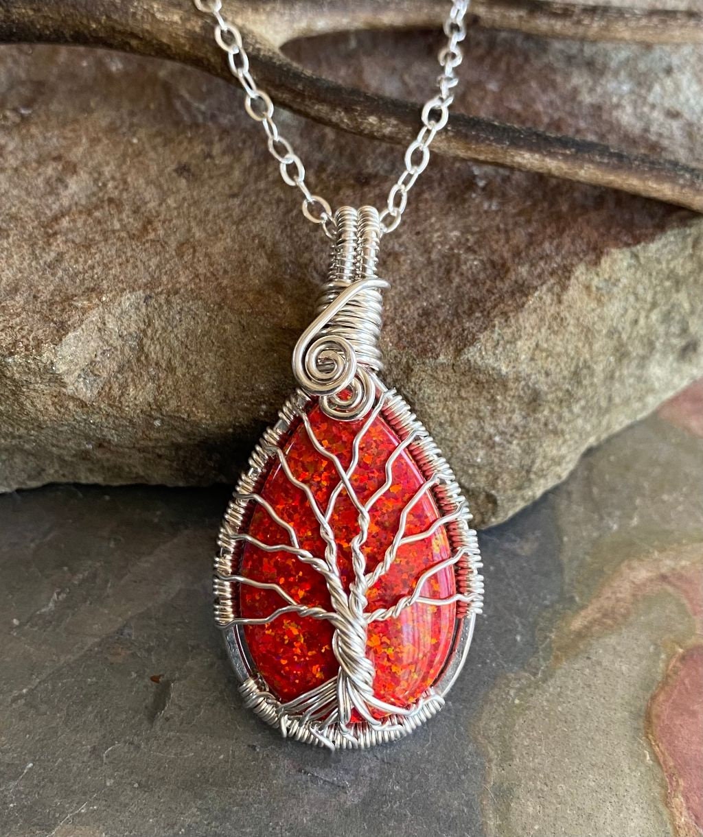 Red Opal Necklace,Opal Silver Pendant October Birthstone,Opal Tree of Life Necklace in Fine Silver Opal Gift for her,Opal Opal Necklace