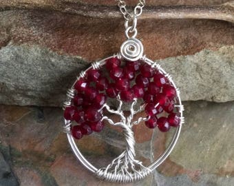 Garnet Necklace,Garnet Pendant,Garnet Tree of Life Necklace with .925 Sterling Silver Chain,Petite/Small January Birthstone Tree of Life