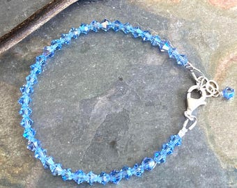 Light Sapphire Swarovski Crystal Anklet: Sterling Silver Bracelet, March Birthstone