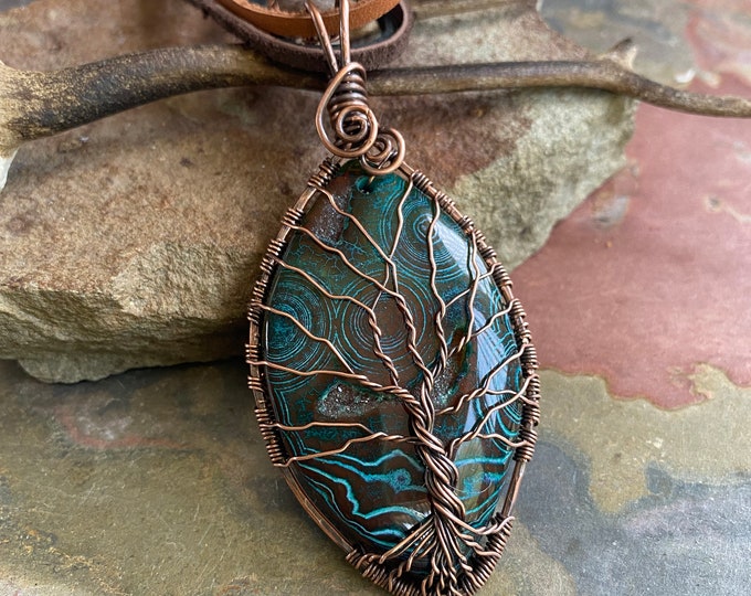 Wire Wrapped Green Agate Tree of Life Necklace in Antiqued Copper, Agate Druzy Copper Wire Necklace, Agate Necklace, Agate Pendant Jewelry