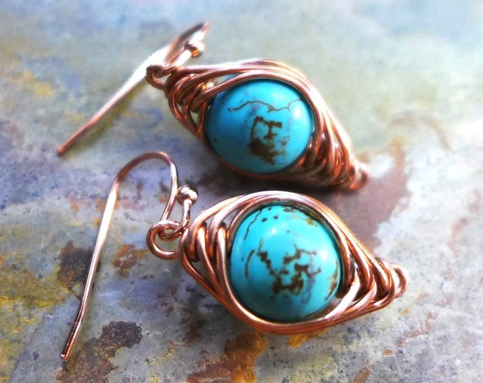 Wire Wrapped Turquoise Earrings, Howlite Turquoise Gemstone Herringbone Dangle Earrings in Copper, Gemstone Copper Earrings,