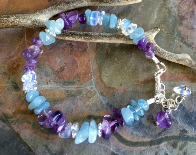 Aquamarine/Amethyst Bracelet, Wire Wrapped Aquamarine/Amethyst Bracelet, March and February  Birthstone Bracelet,Raw Aquamarine gem Bracelet