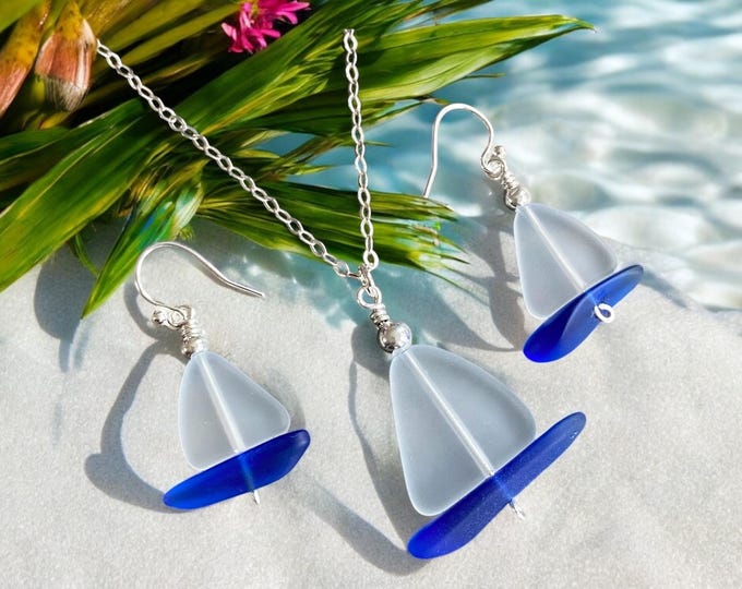 White Sea Glass Sailboat Earrings in Sterling Silver, Ocean-Inspired Beach Glass Sailboat Necklace and Earring SET,  Nautical Beach Jewelry"
