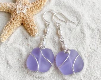 Periwinkle Cultured Sea Glass Earrings, Sterling Silver, Swarovski Pearl Dangles