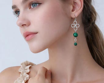 Malachite Clover Earrings, Sterling Silver French Earwires