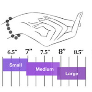 May include: A size chart for bracelets, showing the wrist size in inches and corresponding size categories: small, medium, and large. The chart shows that a 6.5 inch wrist is considered small, a 7.5 inch wrist is considered medium, and an 8.5 inch wrist is considered large.
