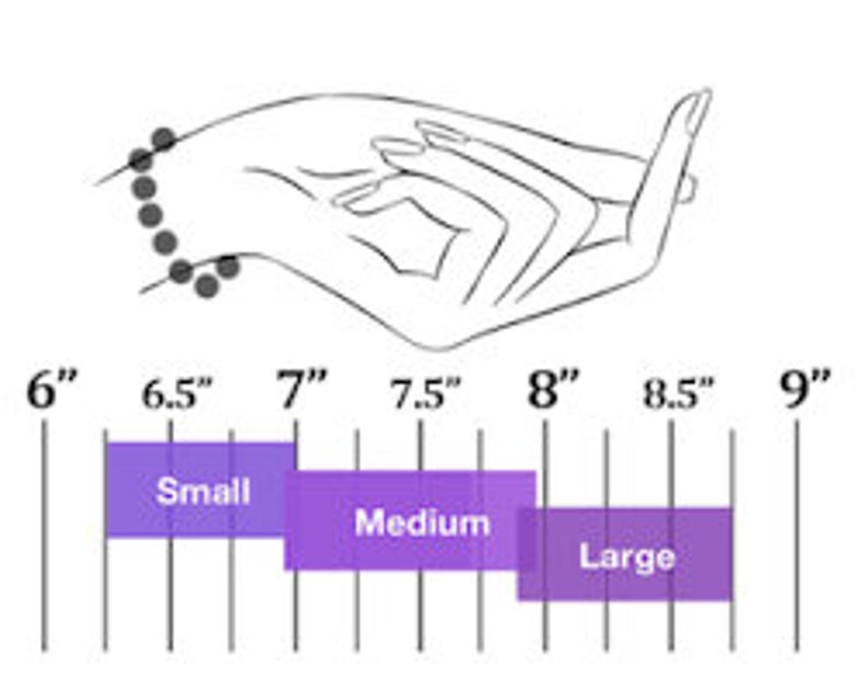 May include: A size chart for bracelets, showing the wrist size in inches and corresponding size categories: small, medium, and large. The chart shows that a 6.5 inch wrist is considered small, a 7.5 inch wrist is considered medium, and an 8.5 inch wrist is considered large.