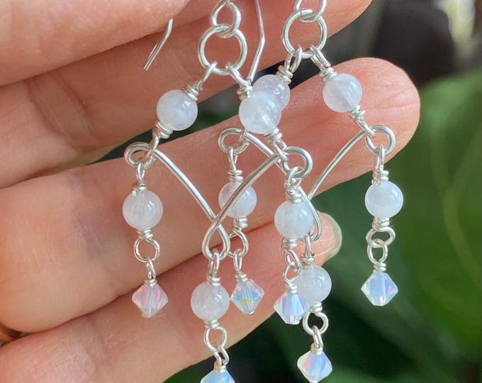 Moonstone Chandelier Earrings: Sterling Silver, Swarovski Crystal Dangles