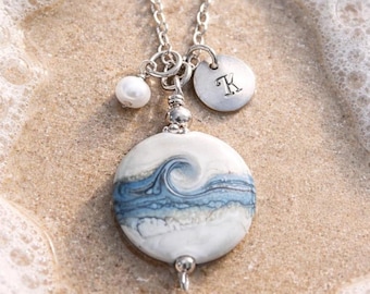 Sterling Silver Ocean Wave Lampwork Pendant Necklace, Beach Glass Bead Jewelry