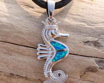 Blue Opal Seahorse Pendant Necklace, Sterling Silver Starfish Charm on Deerskin Leather Cord, Beach Ocean Jewelry, Coastal Gift for Her