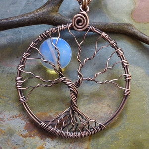 Blue Opalite Full Moon Tree of Life Pendant in Antiqued copper - Wire Wrapped Full Moon Tree of Life Pendant Necklace, Opalite Moon Tree