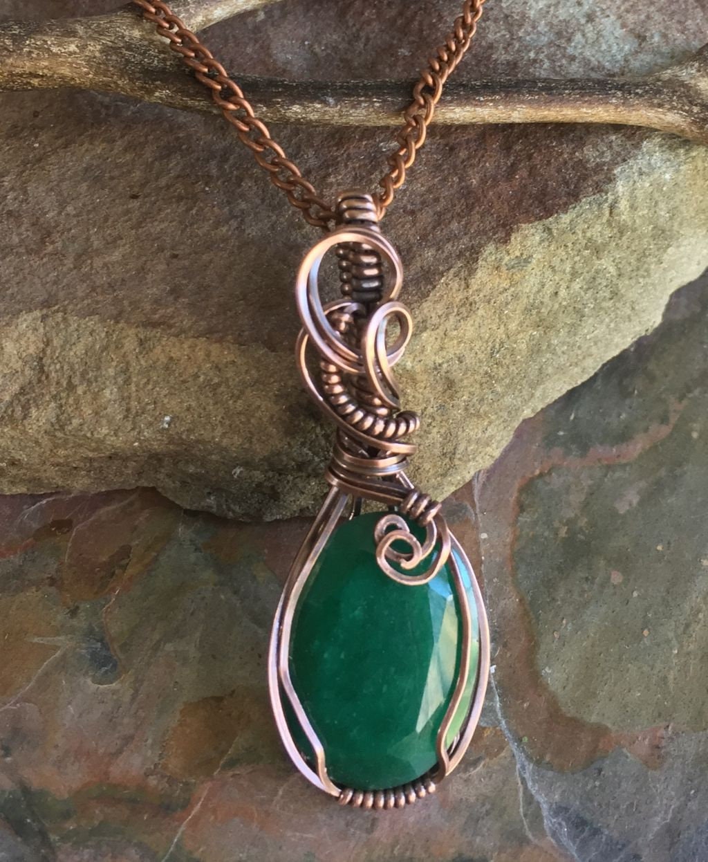 Wire Wrapped Emerald Necklace in Antiqued Copper,Genuine Emerald