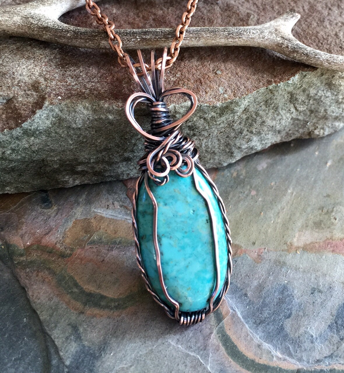 Turquoise Pendant Necklace,Wire Wrapped Turquoie Pendant in Copper